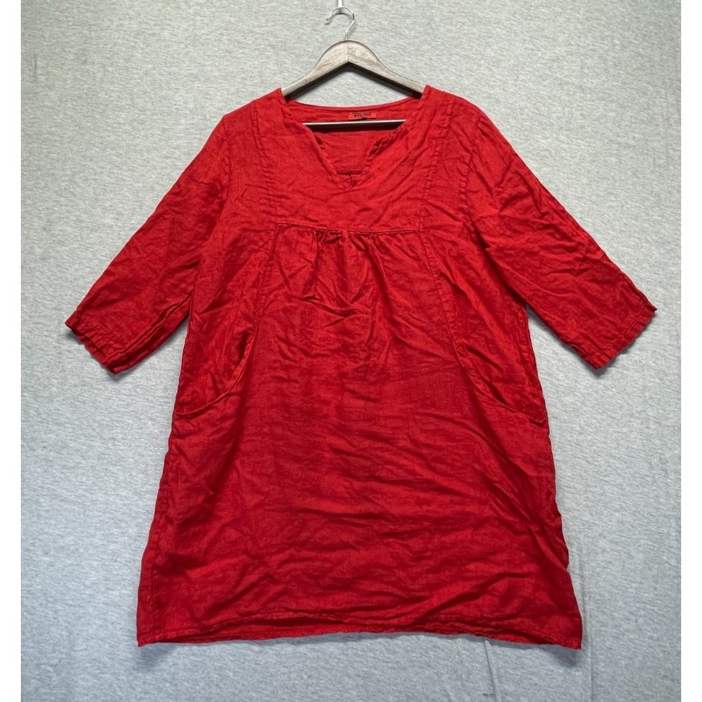 Meo Meli Tunic Dress Womens XL Red Linen V Neck 3/4 Sleeve Pleated Casual